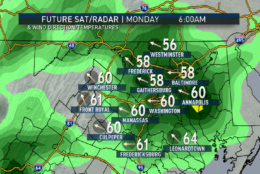 The RPM computer model run with Sunday afternoon’s data shows the possible timing for the first two systems in our area. Showers are already here for the Monday morning commute, then become scattered thunderstorms Monday afternoon, before ending totally Monday evening as a cold front traverses the area. Then the next batch starts coming in for Tuesday night and Wednesday morning. (Data: The Weather Company. Graphics: Storm Team 4)