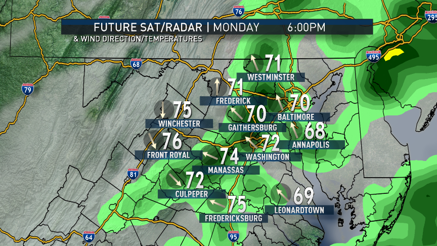 The RPM computer model run with Sunday afternoon’s data shows the possible timing for the first two systems in our area. Showers are already here for the Monday morning commute, then become scattered thunderstorms Monday afternoon, before ending totally Monday evening as a cold front traverses the area. Then the next batch starts coming in for Tuesday night and Wednesday morning. (Data: The Weather Company. Graphics: Storm Team 4)
