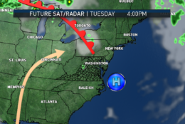 These maps show the future satellite and radar from the RPM computer model from Monday until early Wednesday morning. The northwest flow and strong breezes from Sunday will be replaced by southwesterly winds as the new weather pattern emerges. The center of high pressure will build almost directly over us through Tuesday, then it will head out to sea and become the Bermuda High. A diffuse warm front will pass by on Tuesday with a few hours of clouds and maybe a sprinkle in the mountains. Then the heat will be on! (WTOP/Storm Team 4)