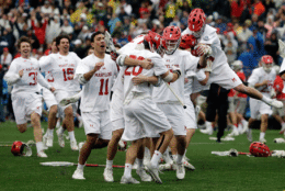 Maryland players celebrate after defeating Ohio State in the NCAA college Division 1 lacrosse championship final, Monday, May 29, 2017, in Foxborough, Mass. Maryland won 9-6 to win the championship. (AP Photo/Elise Amendola)
