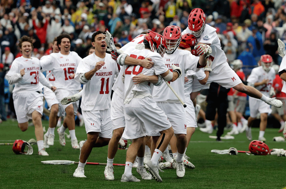 Maryland players celebrate after defeating Ohio State in the NCAA college Division 1 lacrosse championship final, Monday, May 29, 2017, in Foxborough, Mass. Maryland won 9-6 to win the championship. (AP Photo/Elise Amendola)