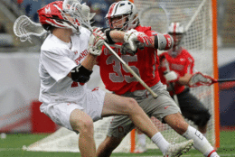 Ohio State's Logan Maccani (35) defends against Maryland's Jared Bernhardt, left, during the first half of the NCAA college Division 1 lacrosse championship final, Monday, May 29, 2017, in Foxborough, Mass. (AP Photo/Elise Amendola)