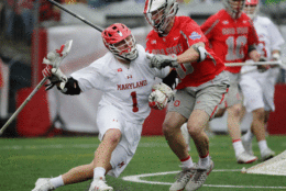 Maryland's Matt Rambo (1) moves with the ball against Ohio State's Ben Randall (40) during the second half of the NCAA college Division 1 lacrosse championship final, Monday, May 29, 2017, in Foxborough, Mass. (AP Photo/Elise Amendola)