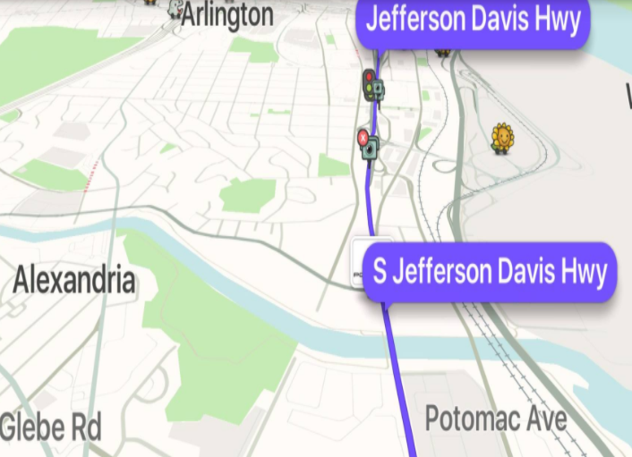 "Much of U.S. 1 in Virginia is still called the Jefferson Davis Highway," according to the Federal Highway Administration website. The portion of U.S. 1 that will get a name change is between Arlington County and the north end of Old Town, Alexandria. (Courtesy Waze)
