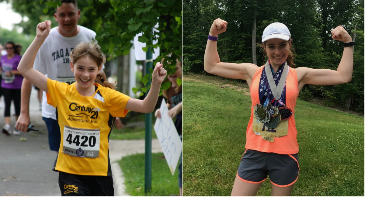 Ryan Rodgers after her first Marine Corps Historic Half 10 years ago when she was 11. On the right is her post-race after the 2017 event. (Courtesy Rodgers Family) 