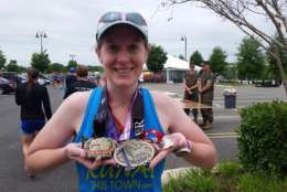 Laura Morrow from Woodbridge is one of 600 runners to take on the Devil Dog Double challenge. (WTOP/Kathy Stewart)