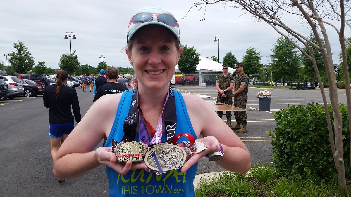 Laura Morrow from Woodbridge is one of 600 runners to take on the Devil Dog Double challenge. (WTOP/Kathy Stewart)