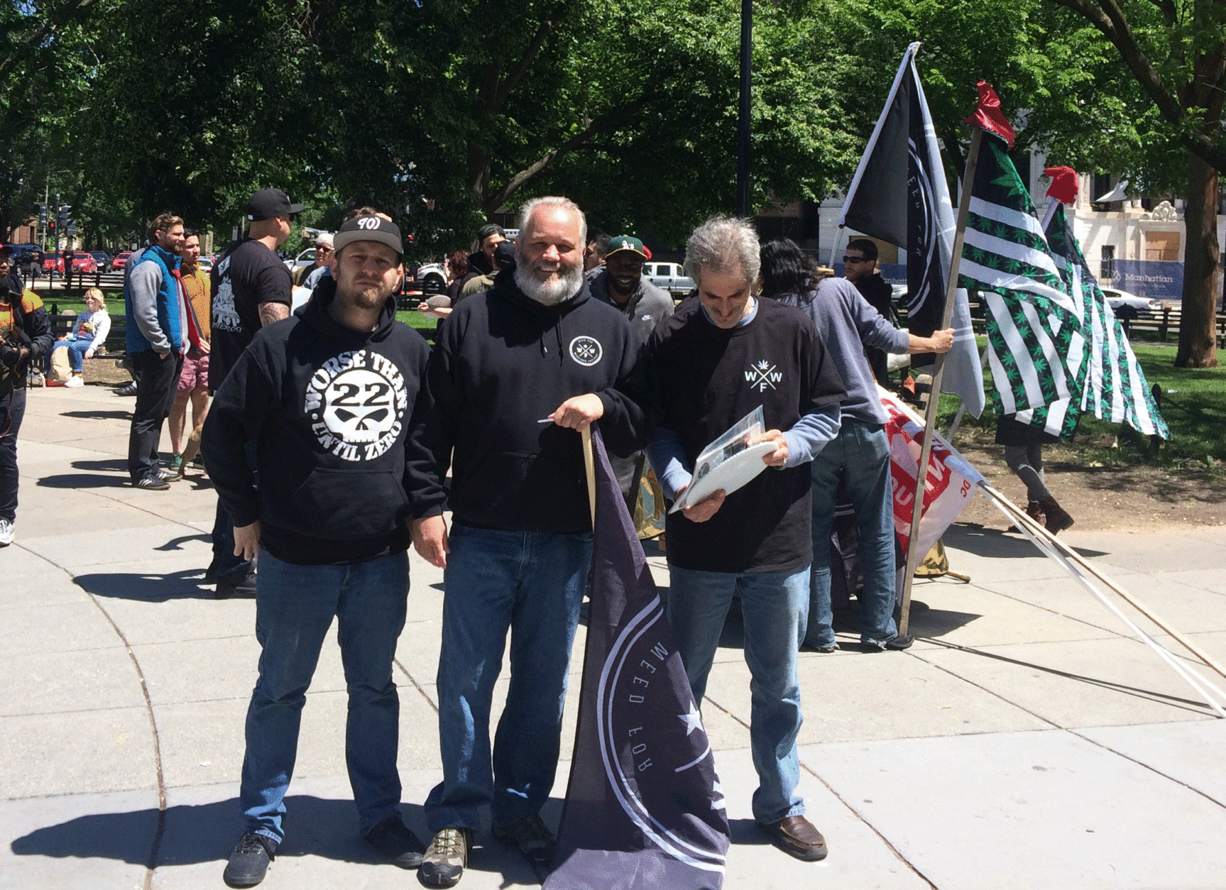William Reckner, Sean Kiernan and Michael Krawitz at the Weed For Warriors Project rally at  Dupont Circle Monday, May 8, 2017. (WTOP/Dick Uliano)