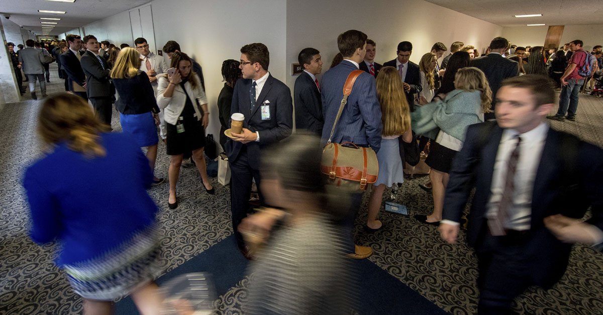 An enormous line stretches down the hall outside the room where Former FBI Director James Comey will testify before a Senate Intelligence Committee hearing on Capitol Hill, Thursday, June 8, 2017, in Washington. (AP Photo/Andrew Harnik)