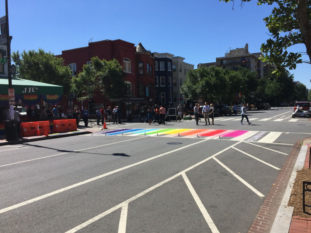 A total of eight crosswalks along 17th Street will get the rainbow treatment for D.C.'s Capital Pride celebration. An additional crosswalk will be painted in the colors marking transgender pride. (WTOP/Rich Johnson)