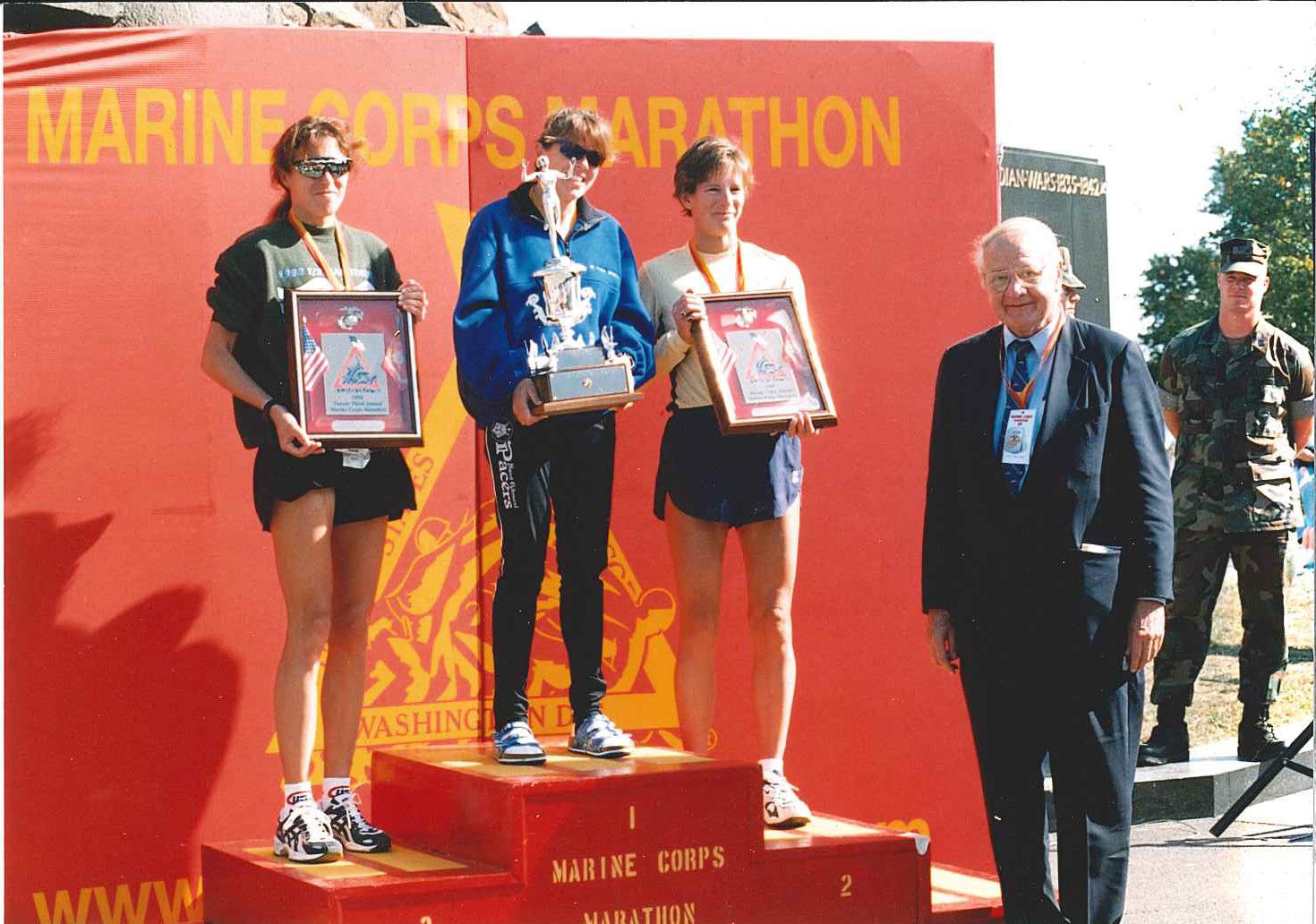Heather Hanscom of Alexandria, Virginia, wins the 2003 Marine Corps Marathon in 2:37:59. (Courtesy Marine Corps Marathon)