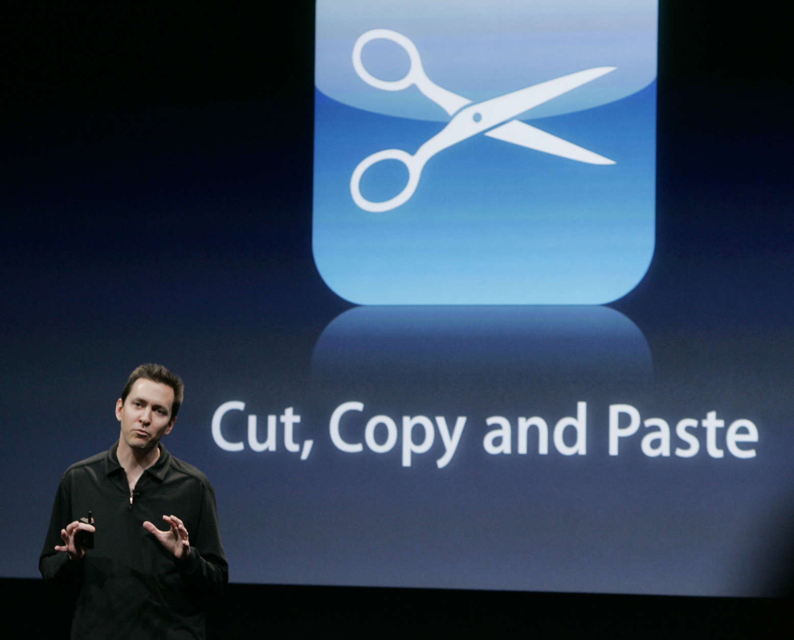 Apple Senior Vice President, iPhone Software Scott Forstall talks about the new iPhone OS 3.0 software at Apple headquarters in Cupertino, Calif. Tuesday, March 17, 2009. (AP Photo/Paul Sakuma)