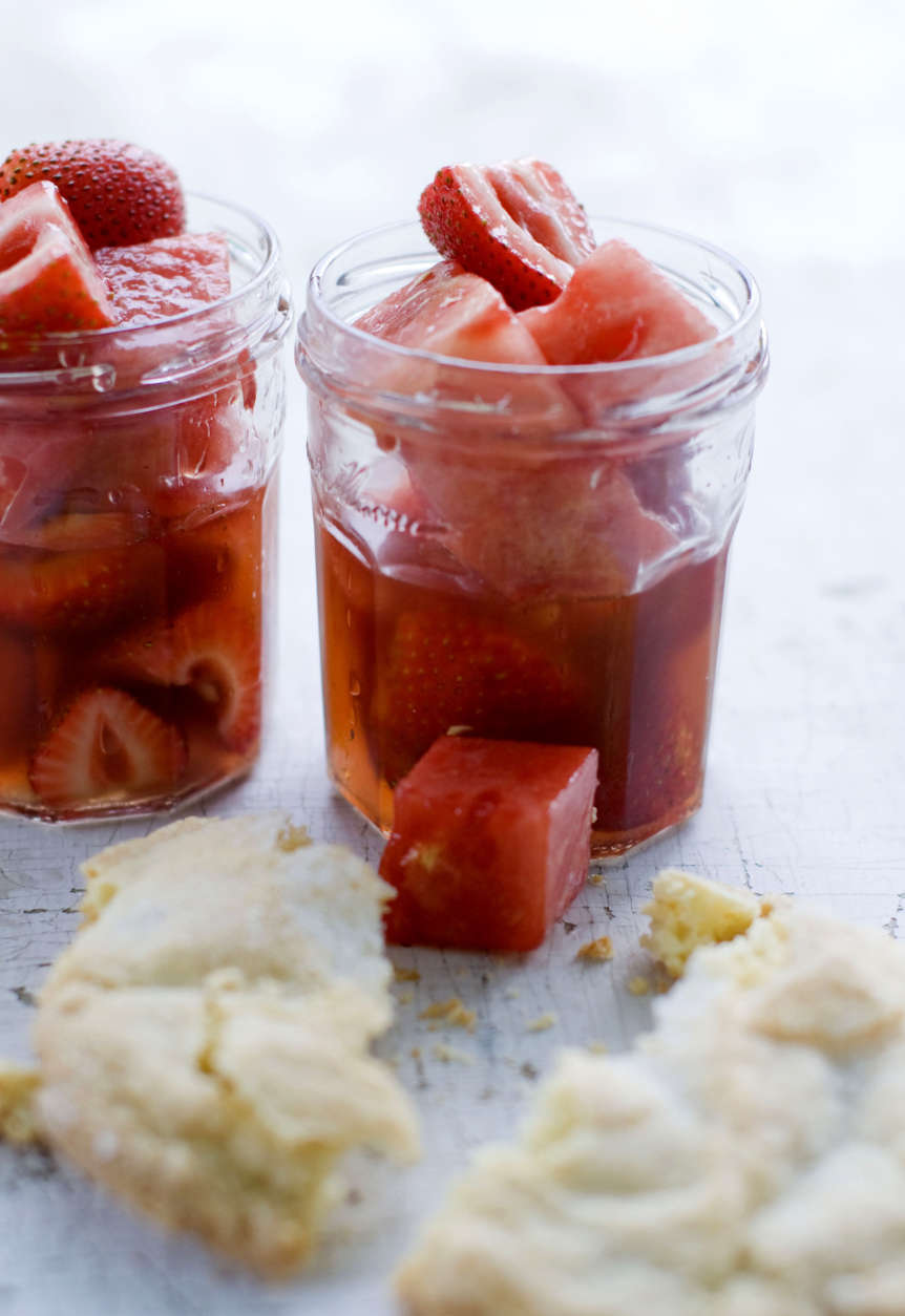 This July 18, 2011 photo shows marinated watermelon and strawberries in Concord, N.H.  Orange and elderflower liqueur blended with vanilla creates a delicious syrup for marinating strawberries and watermelon.   (AP Photo/Matthew Mead)