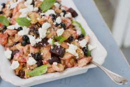 This image taken on May 14, 2012 in Concord, N.H. shows a roasted beet tortellini salad with fresh blueberries and soft goat cheese. (AP Photo/Matthew Mead)