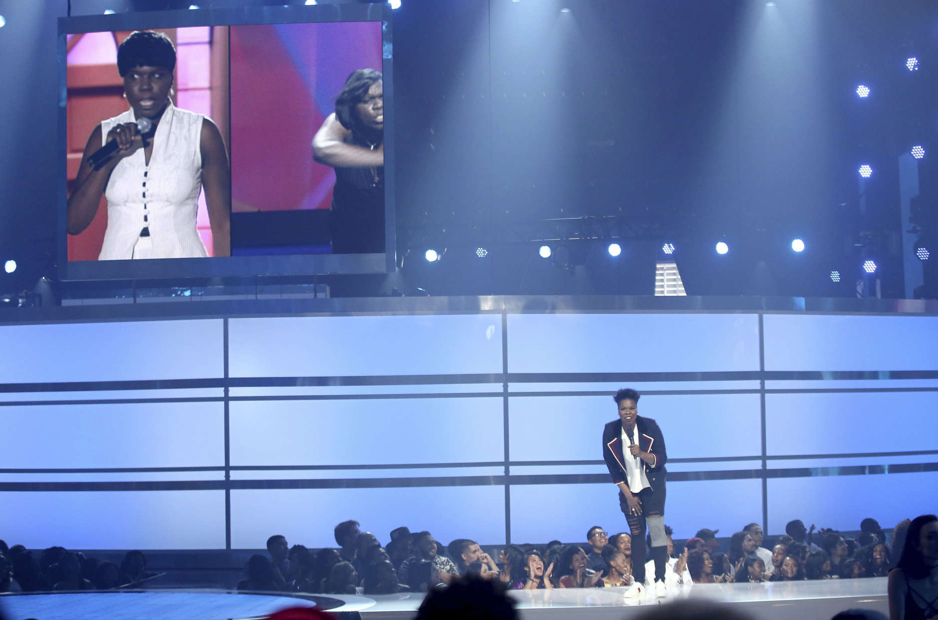 Host Leslie Jones speaks at the BET Awards at the Microsoft Theater on Sunday, June 25, 2017, in Los Angeles. (Photo by Matt Sayles/Invision/AP)