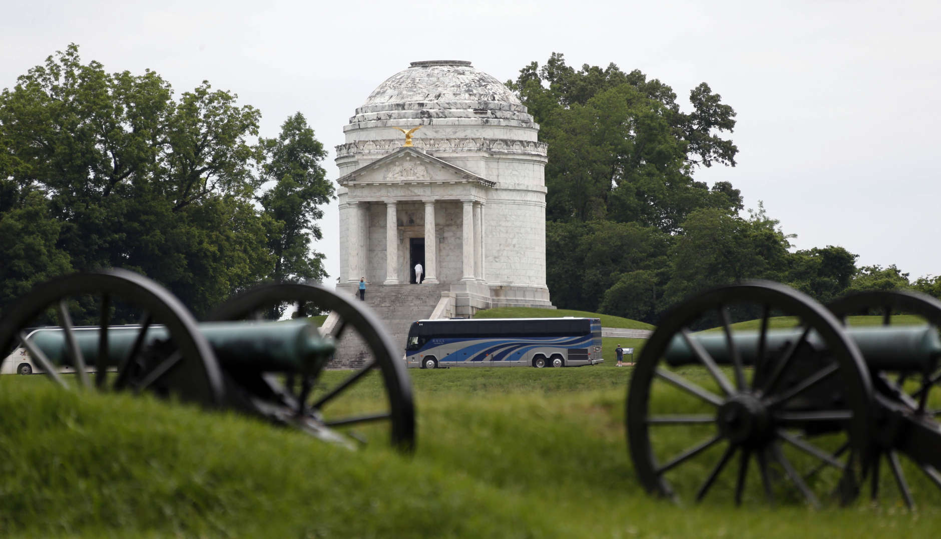 A bus load of visitors pull up to the Illinois Memorial at the Vicksburg National Military Park in Vicksburg, Miss., Wednesday, May 22, 2013. Even 150 years later, Vicksburg is still overshadowed by Gettysburg _ so much so, that the Mississippi city is having its Civil War commemoration a few weeks early rather than compete with Pennsylvania for tourist dollars around July 4. History buffs are traveling to battlegrounds to mark the 150th anniversary of the Civil War from 2011 to 2015. Union forces waged a long campaign to conquer Vicksburg and gain control of the lower Mississippi River. The effort culminated in a concentrated military attack that started May 18, 1863, and a siege that started eight days later. Confederate forces surrendered the city on July 4. (AP Photo/Rogelio V. Solis)