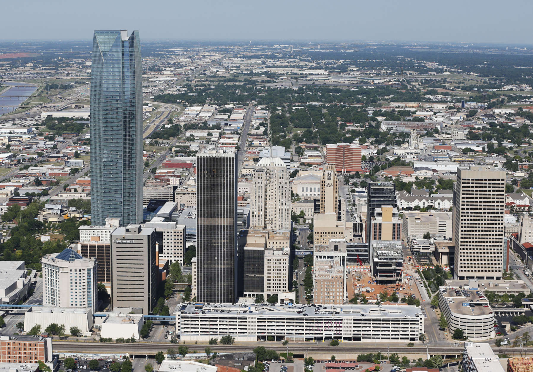 The Oklahoma City skyline is pictured in an aerial photo, Thursday, May 15, 2014. (AP Photo/Sue Ogrocki)