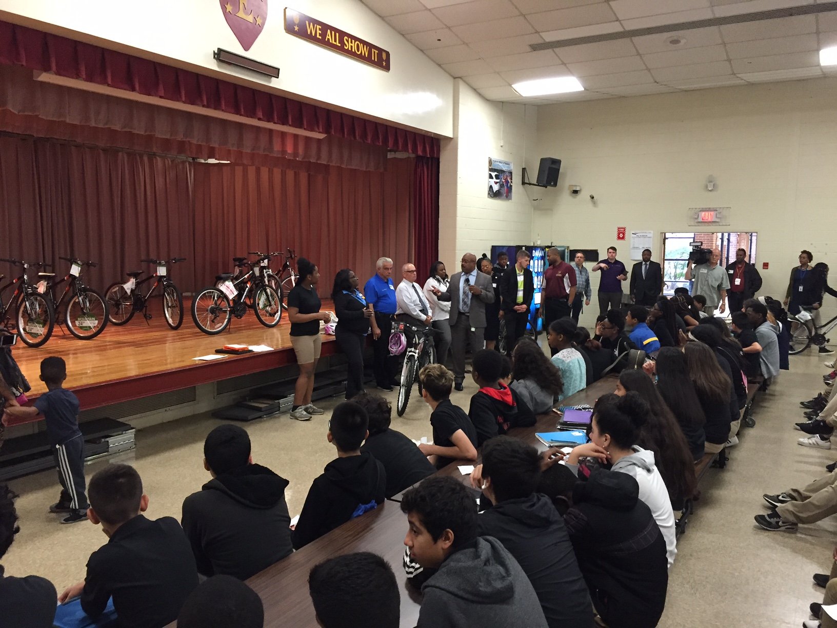 Seventh-graders with perfect attendance at Dwight D. Eisenhower Middle School, in Laurel, got free bikes Thursday. (WTOP/Dennis Foley)
