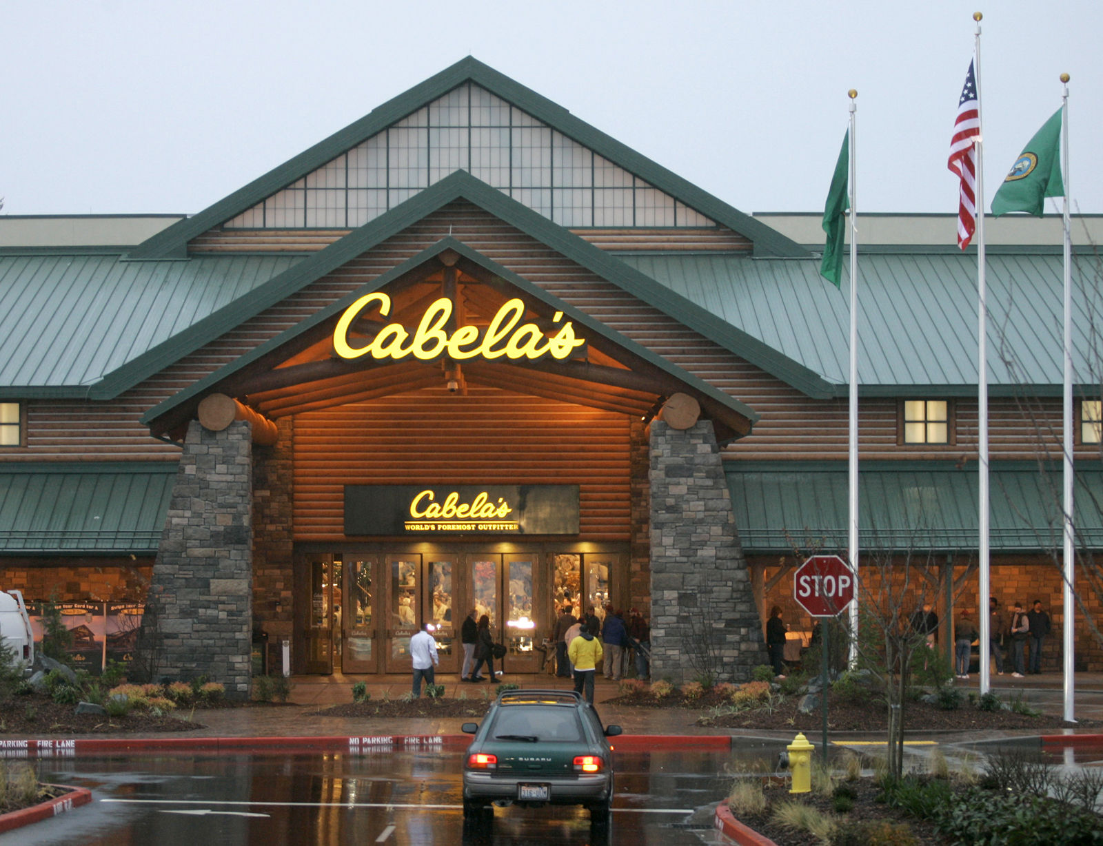 The new Cabela's store in Lacey, Wash. is shown Friday, Nov. 16, 2007 on the outdoor-supply megastore's first day of business. The store in Lacey is the third-largest store operated by the Nebraska-based Cabela's, and features a stocked aquarium, a restaurant, and a two-story mountain populated by full-sized animal mounts. (AP Photo/Ted S. Warren)