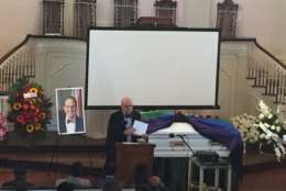 D.C. Council Chair Phil Mendelson tells stories at Jim Graham's funeral on Saturday. (WTOP/John Domen)