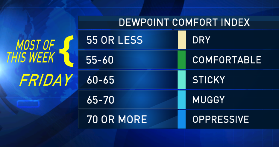 Most of the week, dew point temperatures will be in the 40s and 50s, meaning there won't be a lot of moisture in the air. That, of course, means even when it's warm, it will feel dry. It's not until the end of the week that the dew points will start climbing back up to uncomfortable levels. Remember, the higher the dew point, the more moisture there is in the air. (WTOP/Storm Team 4)