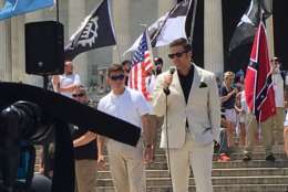 Controversial white nationalist Richard Spencer addresses those at the free speech rally.  The free speech group rallied near the Lincoln Memorial, but closer to the reflecting pool. (WTOP/Liz Anderson)