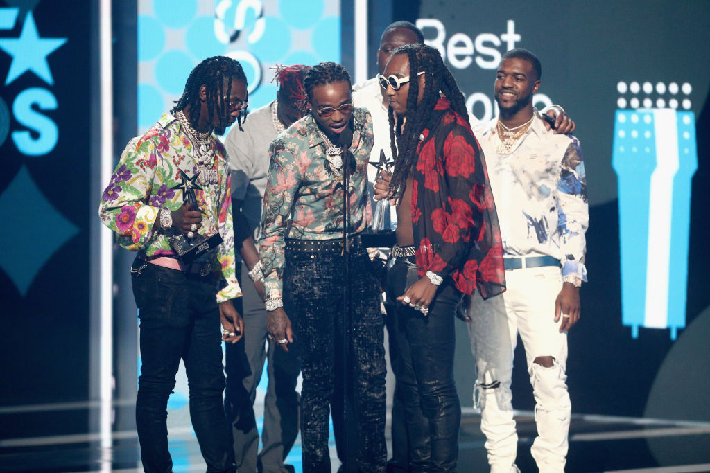 (L-R) Offset, Quavo and Takeoff of Migos accept the award for Best Group onstage at 2017 BET Awards at Microsoft Theater on June 25, 2017 in Los Angeles, California. (Photo by Frederick M. Brown/Getty Images )