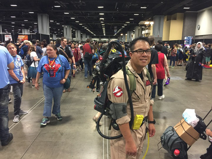 Phil Hasonon of Colonial Beach, VA, his Ghostbusters costume including his 37 pound proton pack:  “Made of aluminum, some resin, some old 30-40 year old air craft parts, the same parts the originals were made of.” (John Domen/WTOP)