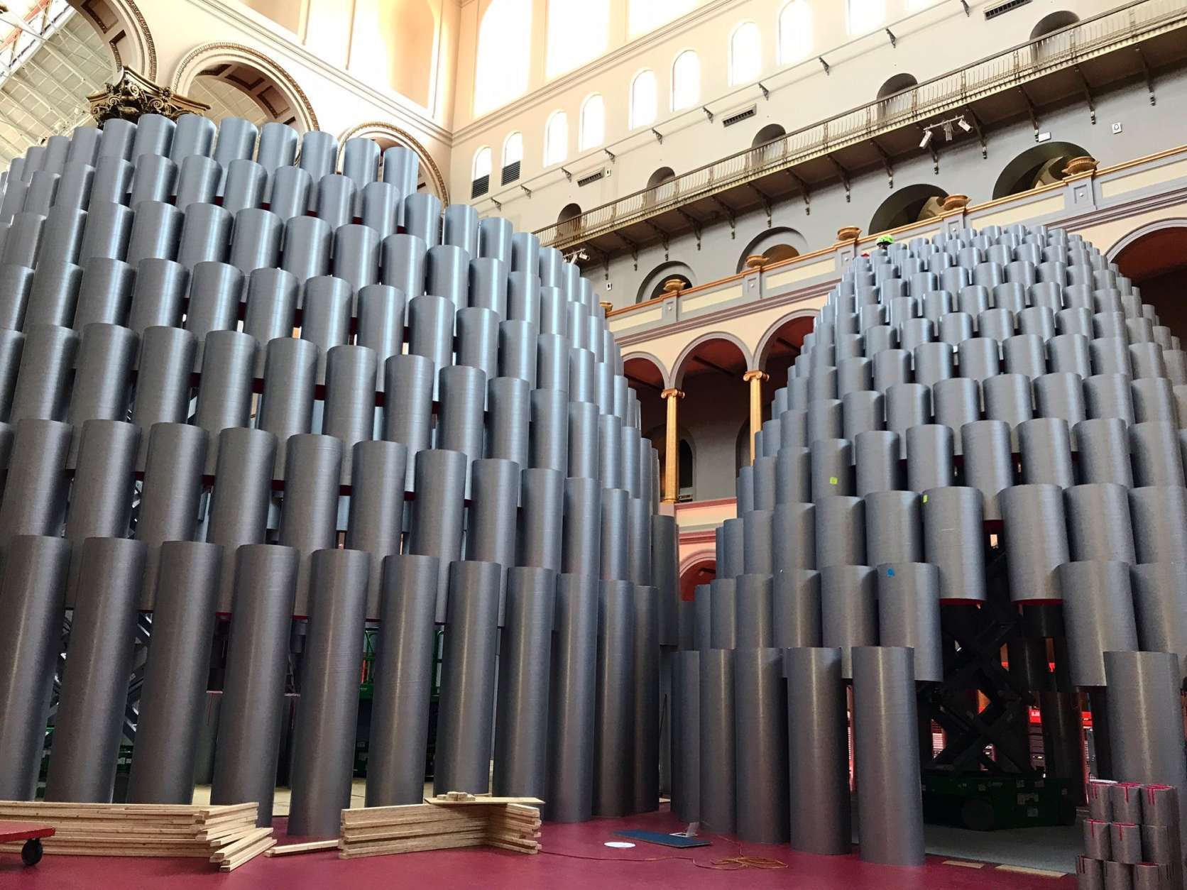Similar to its predecessors, including ICEBERGS and BEACH, visitors will be encouraged to interact with the larger-than-life exhibit, which features three different sized chambers, all made from more than 2,700 stacked paper tubes. (WTOP/Rachel Nania)