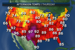 These graphics show the output from the GFS computer model for afternoon temperatures across the country. Over the course of the workweek, the cooler-than-average temperatures in the Northeast and Mid-Atlantic move out. Cooler weather returns to the Northwest and some of the hot weather of the West will shift into the D.C. area.
(Data: Environmental Modeling Center, NOAA |  Graphics: Storm Team 4)