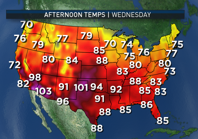 These graphics show the output from the GFS computer model for afternoon temperatures across the country. Over the course of the workweek, the cooler-than-average temperatures in the Northeast and Mid-Atlantic move out. Cooler weather returns to the Northwest and some of the hot weather of the West will shift into the D.C. area.
(Data: Environmental Modeling Center, NOAA |  Graphics: Storm Team 4)