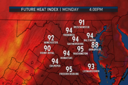 The model (RPM) likely is under-doing the amount of atmospheric moisture there will be, so the heat index values aren't that much different than what thermometers will show. Still, this is way hot for June. (Data: The Weather Company. Graphics Storm Team4)