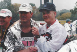 Then Vice President Al Gore poses with Race Director Rick Nealis after Gore finished the 1997 Marine Corps Marathon. (Courtesy Marine Corps Marathon)