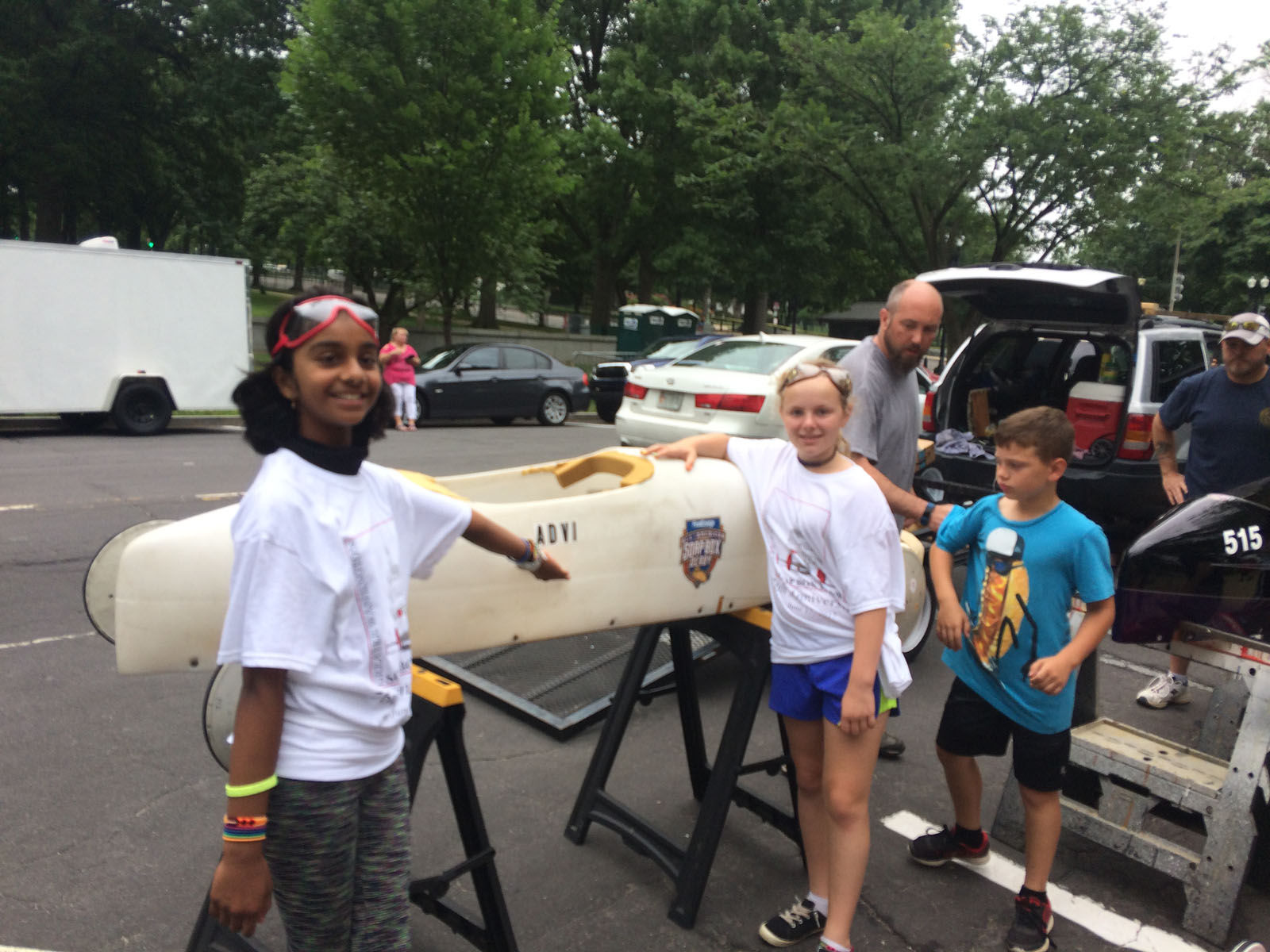 Advi Vallaban and Liv Pennington were two of about 30 kids competed today in the 76th annual Greater Washington DC All-American Soap Box Derby. (Dick Uliano/WTOP)