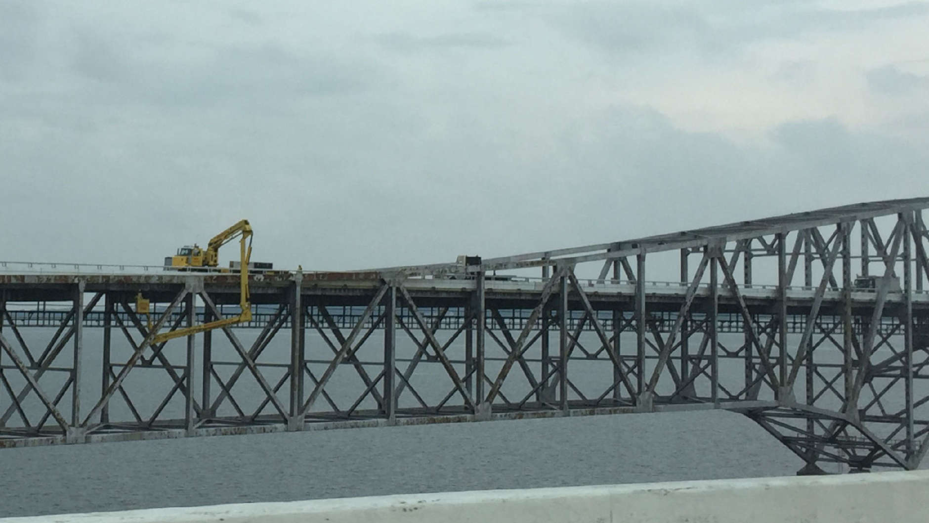 On a recent weekday afternoon, work was underway underneath the Chesapeake Bay Bridge as part of routine maintenance. (WTOP/Kristi King)
