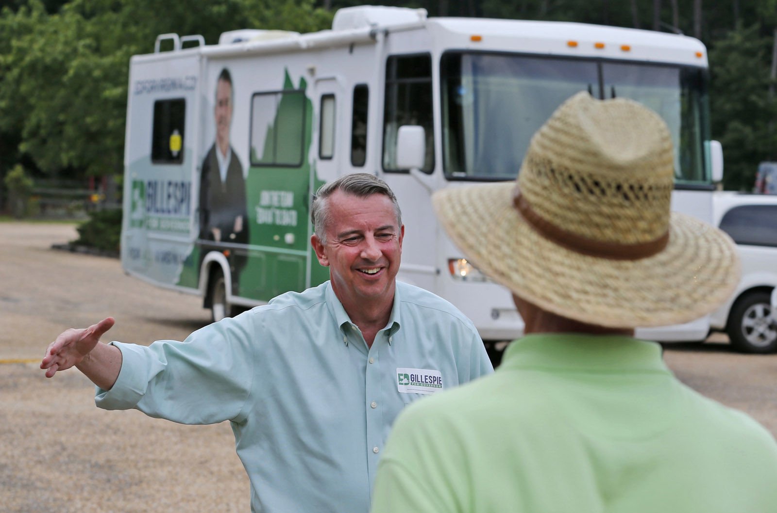 Republican candidate for governor, Ed Gillespie, greets voters at a polling place Tuesday, June 13, 2017, in Richmond, Va. Gillespie faces State Sen. Frank Wagner and Corey Stewart in today's primary. (AP Photo/Steve Helber)
