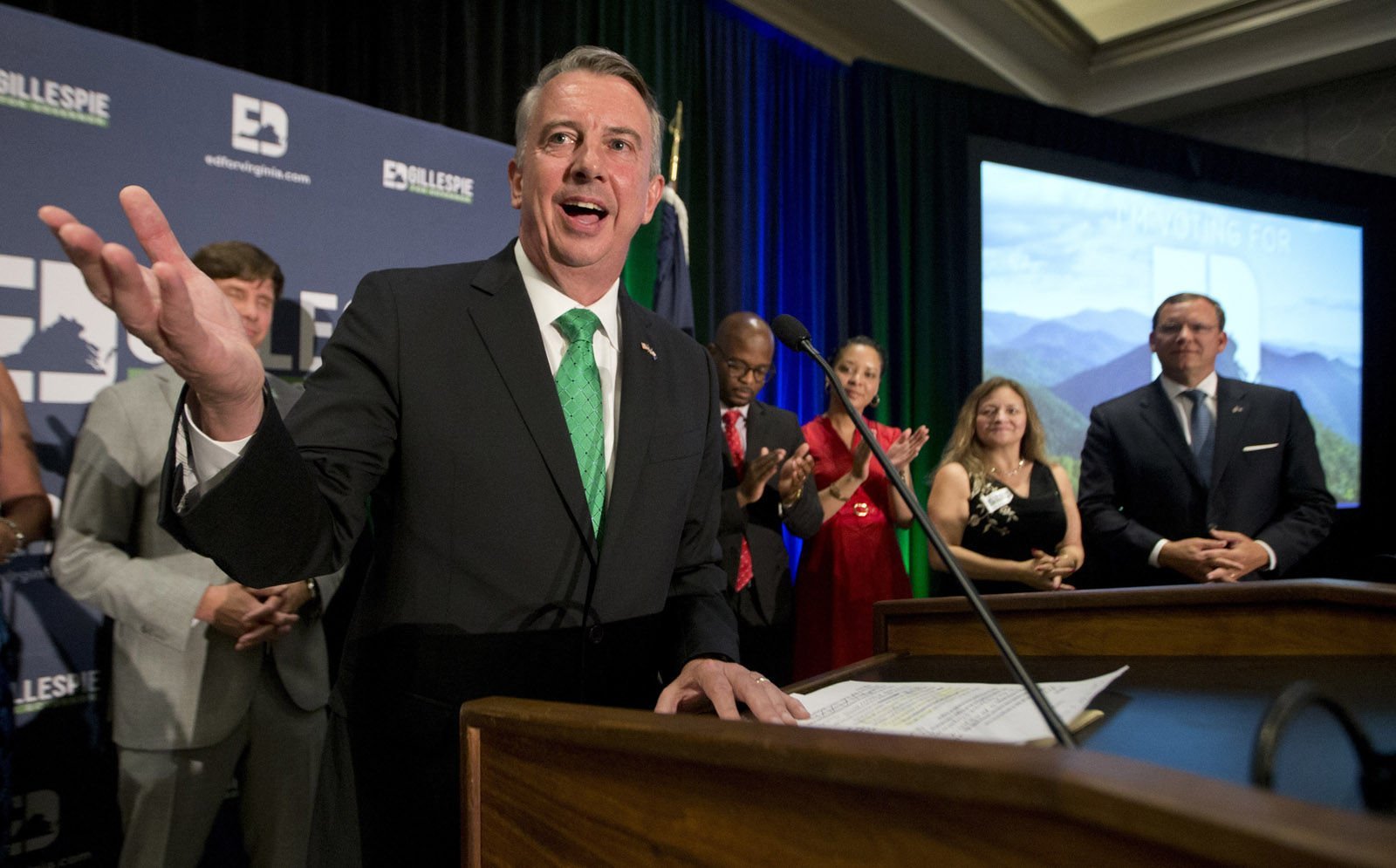 Republican candidate for governor, Ed Gillespie, smiles as he gives a victory speech at his victory party Tuesday, June 13, 2017, in Richmond, Va. Gillespie beat State Sen. Frank Wagner and Corey Stewart in today's primary. (AP Photo/Steve Helber)
