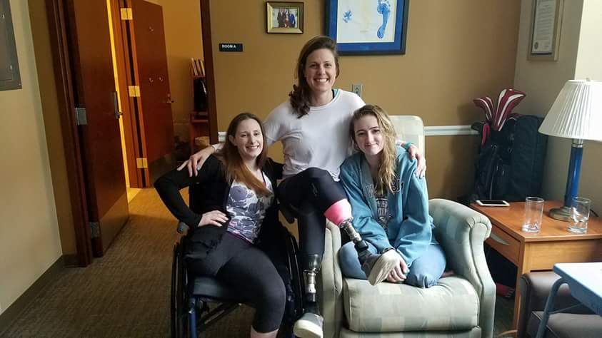 Katie Feeney (left) met fellow amputee and Boston Marathon bombing survivor Jessica Kensky (center) at Walter Reed National Military Medical Center, and they became fast friends. (Courtesy Katie Feeney)