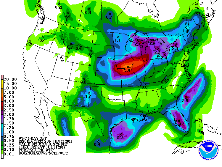 Lastly, there will not be much rain this week. Without much moisture in the air, Tuesday's front won't have much to work with. In this graphic, most of the cumulative rainfall for the week projected by the Weather Prediction Center for the D.C. area will be when it's getting more humid by the end of the week. Most of the rainfall depicted for the Midwest will also be toward the end of the week. The data is valid from this past Sunday evening until this coming Friday evening. (Weather Prediction Center, NOAA)
