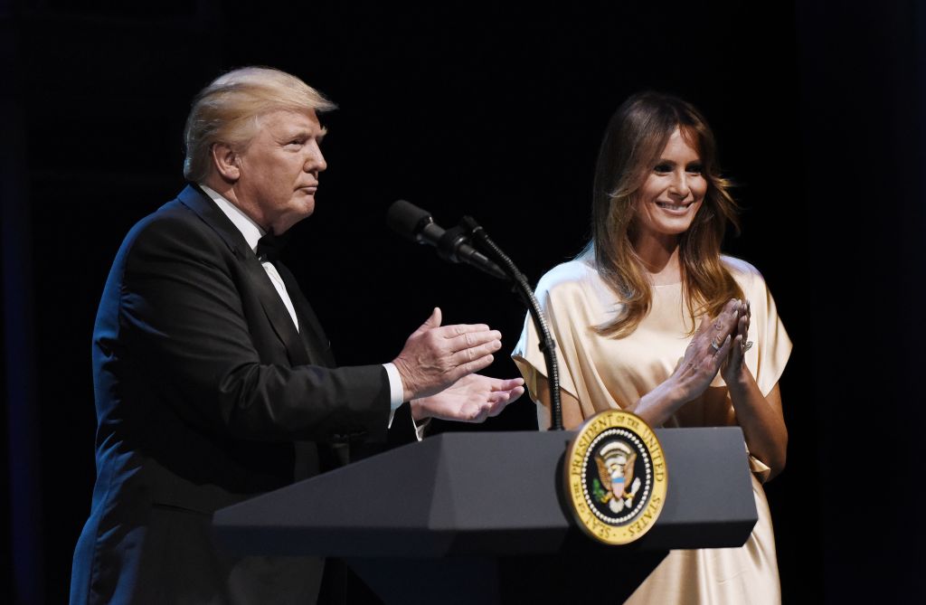 WASHINGTON, DC - JUNE 04: President Donald Trump and First Lady Melania Trump acknowledge the audience during the annual gala at the Ford's Theatre to honor President Abraham Lincoln's legacy , on June 4, 2017 in Washington, DC.  (Photo by Olivier Douliery-Pool/Getty Images)