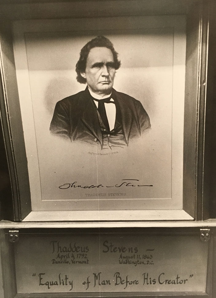 The school was named for Pennsylvania Sen. Thaddeus, a staunch abolitionist and radical Republican, who also advocated for free and universal public education. This photo from the 1980s shows a small exhibit inside the honoring Stevens. (Courtesy Charles Sumner School Museum and Archives)