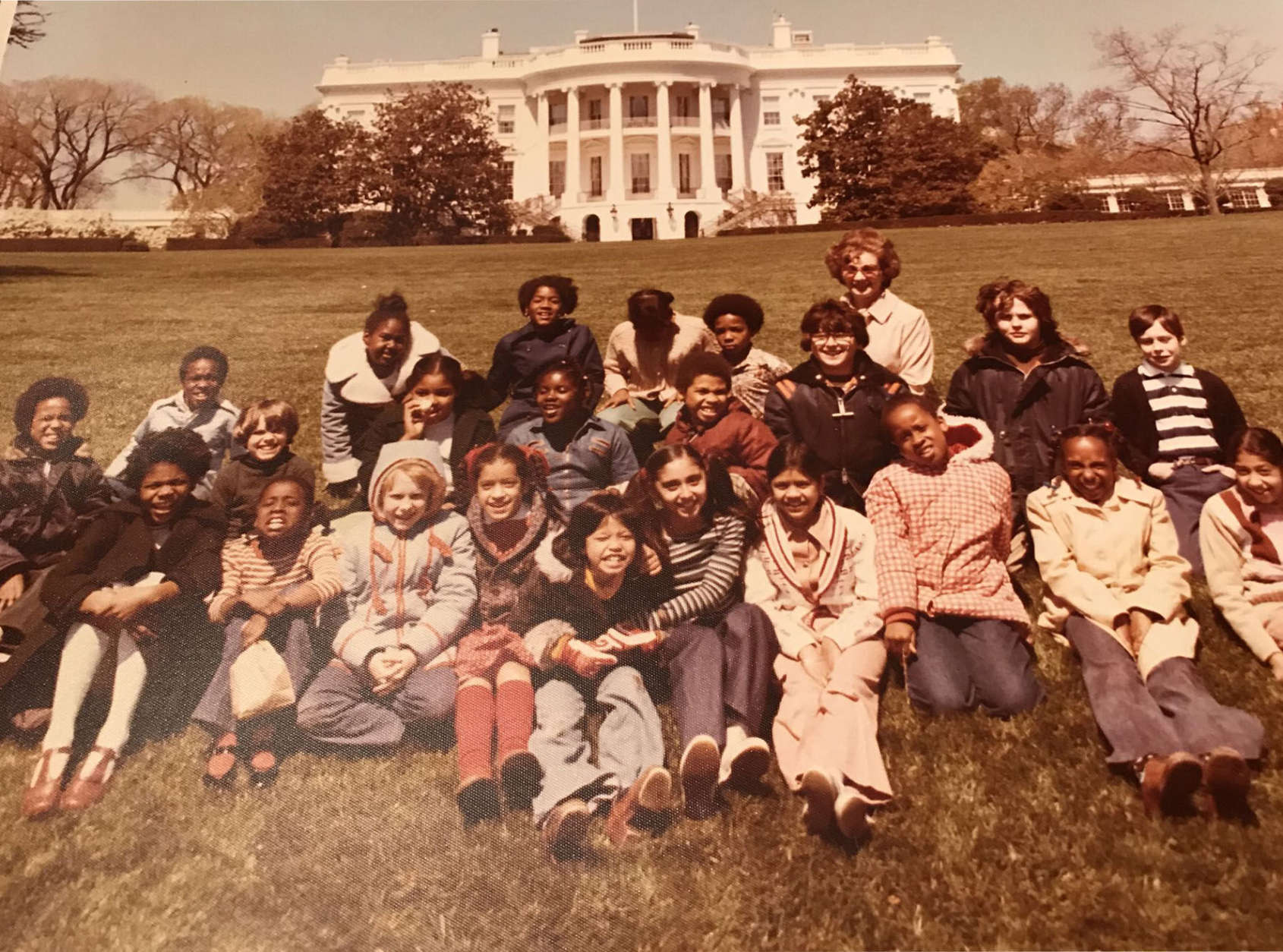 After the media frenzy settled down, things began to feel like a normal fourth-grade class.But there were special perks. Here Amy's class enjoys a special visit to the White House for their very own Easter egg roll. Amy is the third from the left in the first row. (Courtesy Verona Meeder)