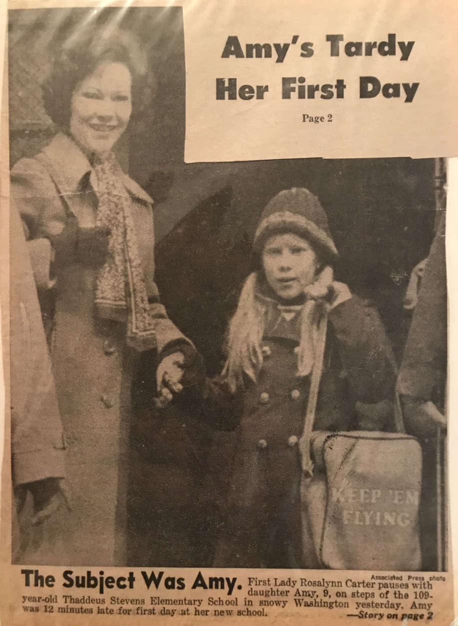 In the first few weeks Amy was at Stevens, nearly everything was grist for the media-coverage mill, like the fact she was 12 minutes late on her first day of school. First lady Rosalynn Carter told reporters she just hadn't anticipated the traffic gridlock. (Courtesy Verona Meeder)