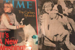 These two photos -- one from the cover of a February 1977 issue of Time magazine -- show Amy with her dog, Grits. The cocker spaniel pup was actually a gift from her fourth-grade teacher, Mrs. Meeder. Meeder's dog had given birth to a dozen puppies on Election Night 1976, and she thought it only fitting she offer one to her newest pupil. (Courtesy Verona Meeder).