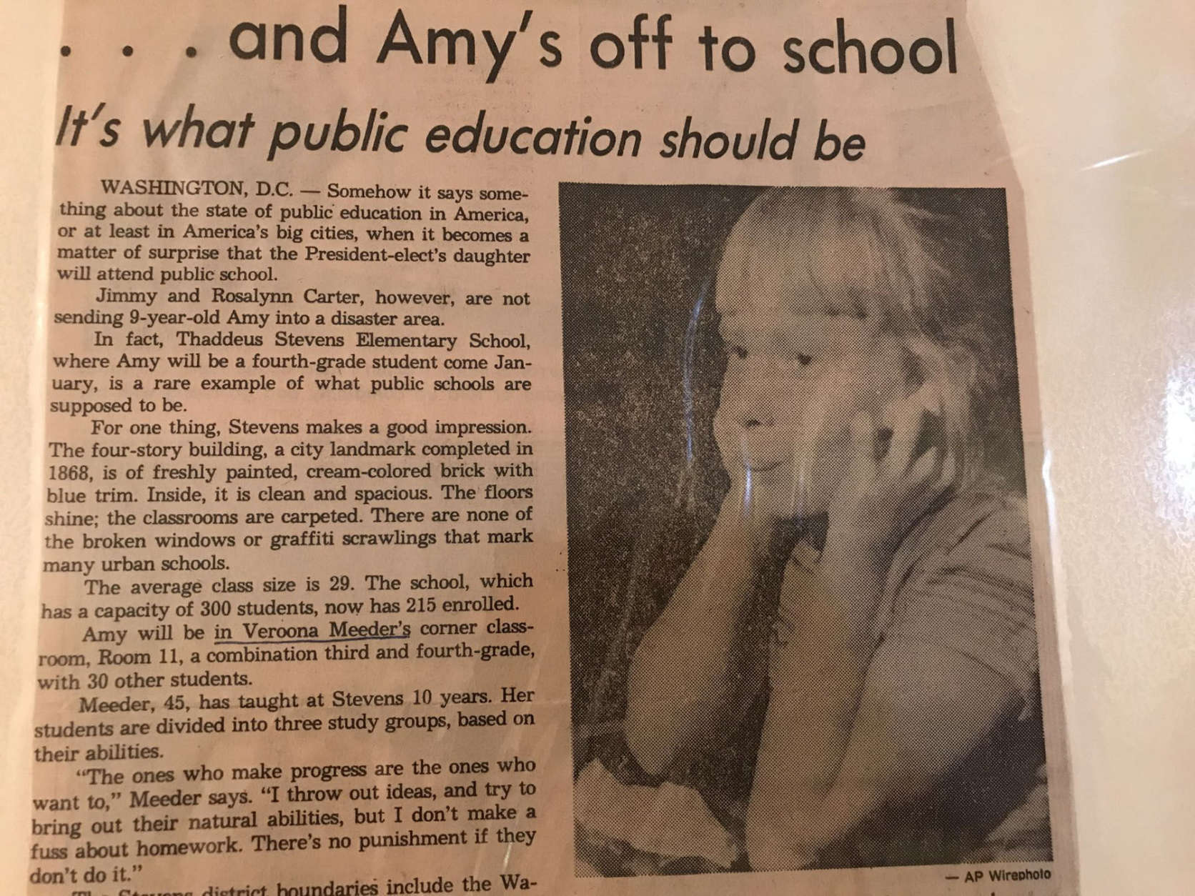 The decision to send the president's daughter to public school was the subject of intense public scrutiny. "Somehow it says something about the state of public education in America, or least in America's big cities, when it becomes a matter of surprise that the President-elect's daughter will attend public school," states this newspaper article from Verona Meeder's scrapbook. Meeder is misidentified in the sixth paragraph as Veroona. (Courtesy Verona Meeder)