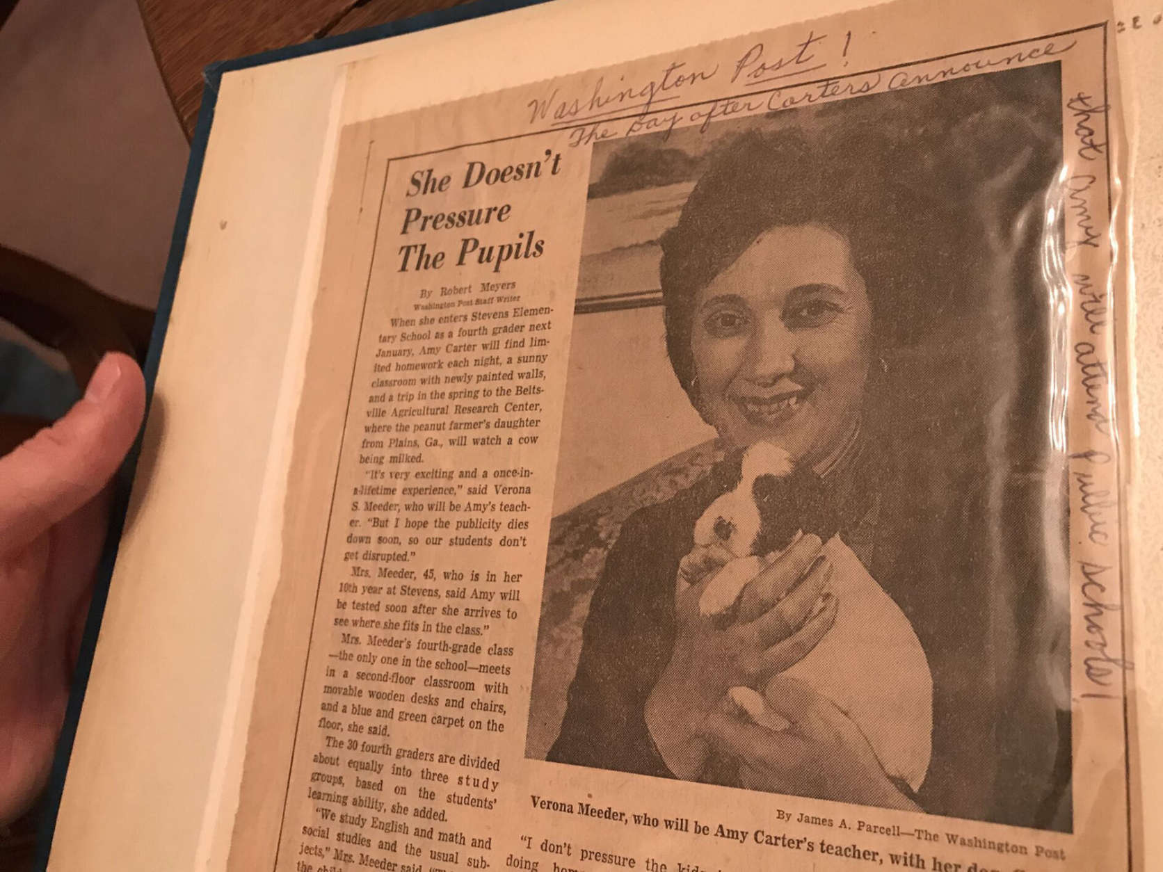 A newspaper profile of Amy's fourth-grade teacher Verona Meeder from a November 1976 edition Washingotn Post shortly after President-elect Jimmy Carter announced Amy would attend public school in D.C. The picture shows Meeder clutching one of the puppies born on Election Night, and which she subsequently gave to Amy. (Courtesy Verona Meeder)