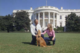 Gerald Ford, the President of the United States with his daughter, Susan, and their pet dog on the White House lawn in Washington on 1974. (AP Photo)