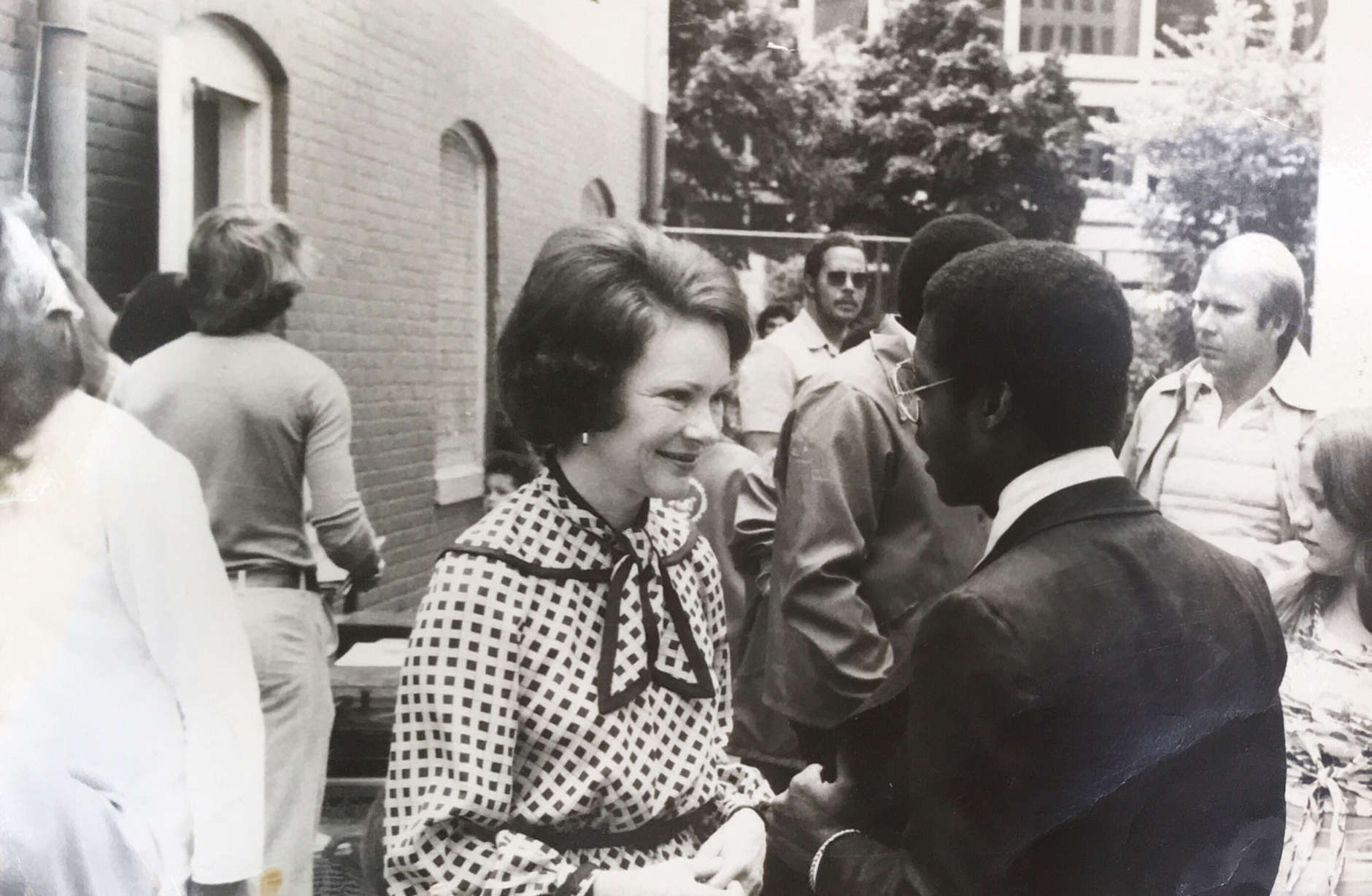 First lady Rosalynn Carter meets with members of Stevens staff and instructors of the school's special extended-day program. (Courtesy Jane Jackson Harley)