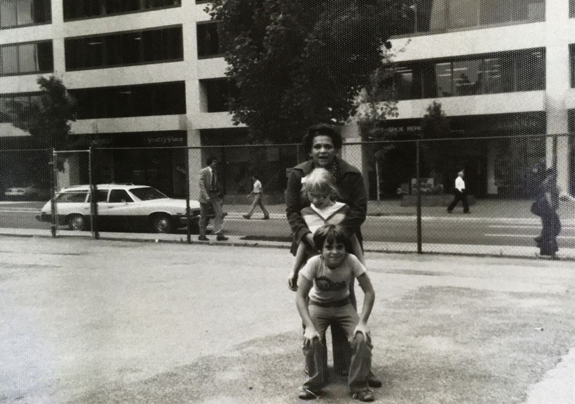Stevens' counselor Jane Jackson Harley poses with Amy and another student on Stevens' playground in 1977. "She didn't want to go home ever," Harley said. Amy took part in the school's extended-day program most days, where she took extra courses in computer programming, Spanish and photography. (Courtesy Jane Jackson Harley)
