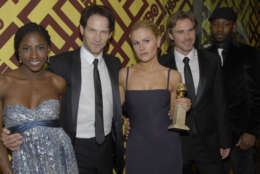 The cast of "True Blood," from left, Rutina Wesley,Stephen Moyer, Anna Paquin, Sam Trammell and Nelsan Ellis are seen at the HBO Golden Globes after-party on Sunday, Jan. 11, 2009, in Beverly Hills, Calif. Anna Paquin  won the award for best actress in a television series, drama.  (AP Photo/Dan Steinberg)